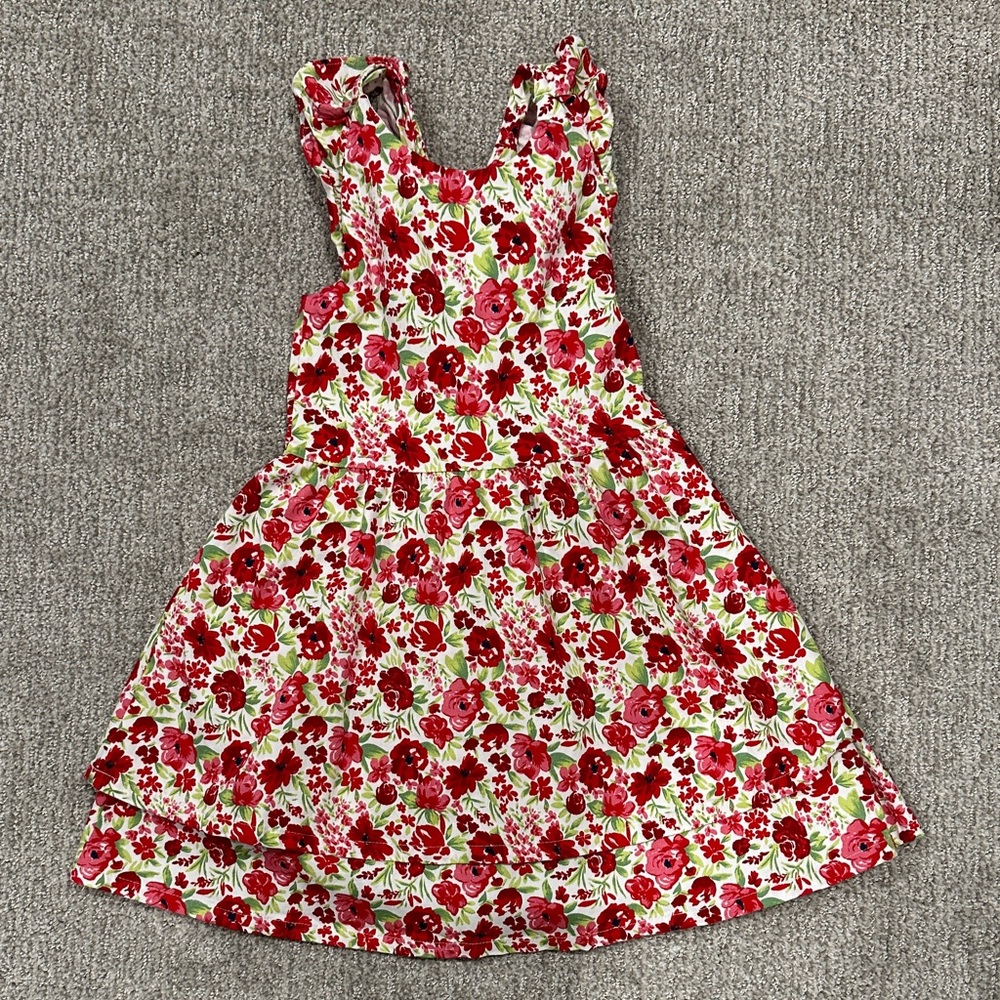 btween Vibrant Red and Green Floral Kids Dress